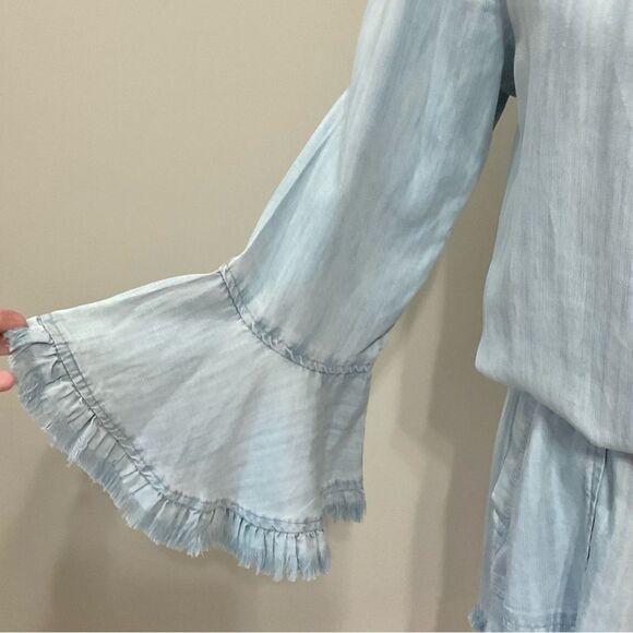 RAMY BROOK Chambray Romper Esie Off The Shoulder Sz S Shortall Light Blue Retro - Picture 3 of 9